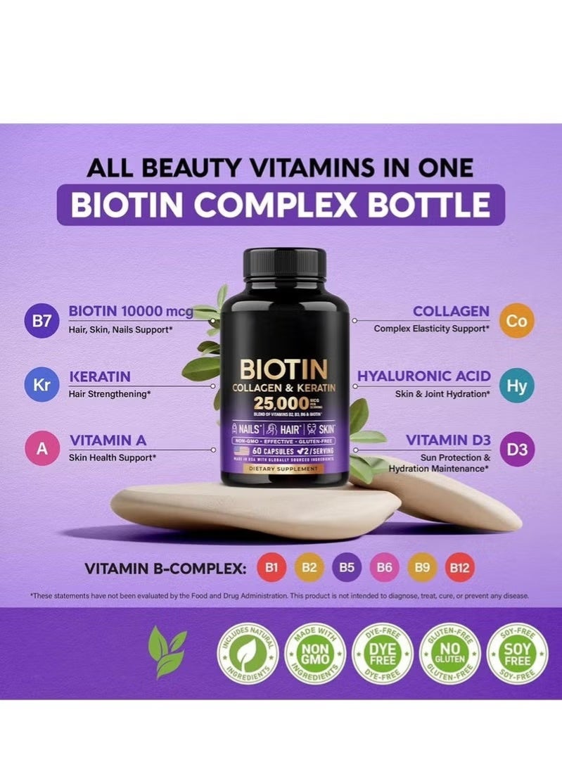 Biotin 2 PCS Biotin | Collagen | Keratin | Hyaluronic Acid - Hair Growth Support Supplement | Skin & Nails Beauty Complex 25000 mcg - | B2 | B3 | B6 | - Made in USA - For Women & Men | 60 Capsules - Image 4